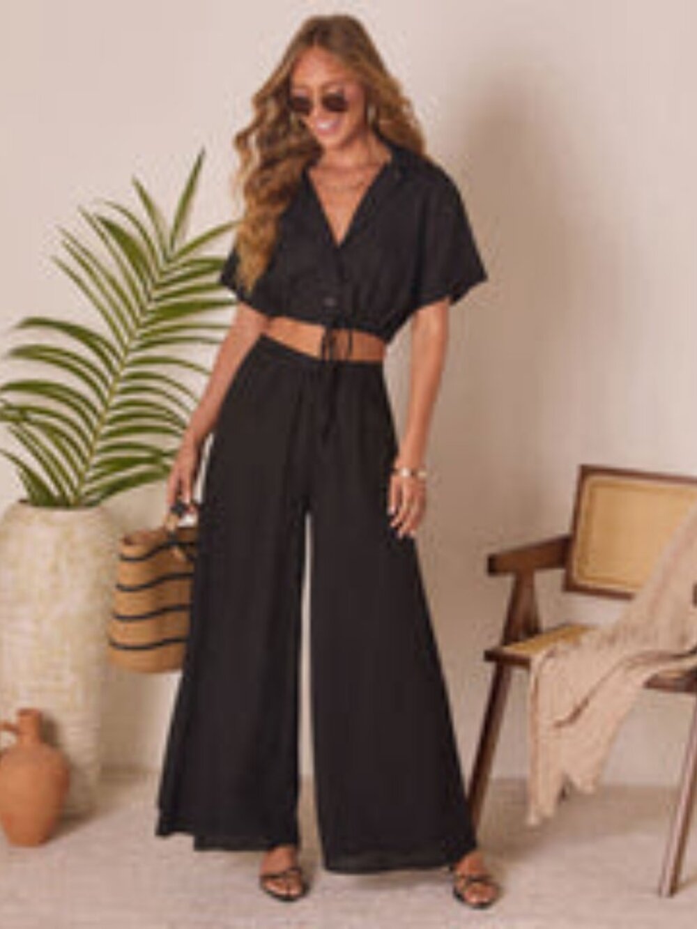 Gabbie Short Sleeve Collared Button Up Top and Wide Leg Pants